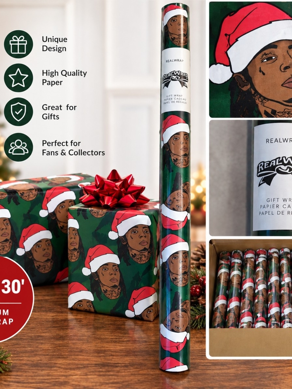 Green Christmas Wrapping Paper Roll with Santa Hat Portrait